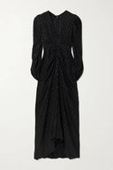 Exquisite Ruched Polka Dot Print Stretch Satin Midi Dress