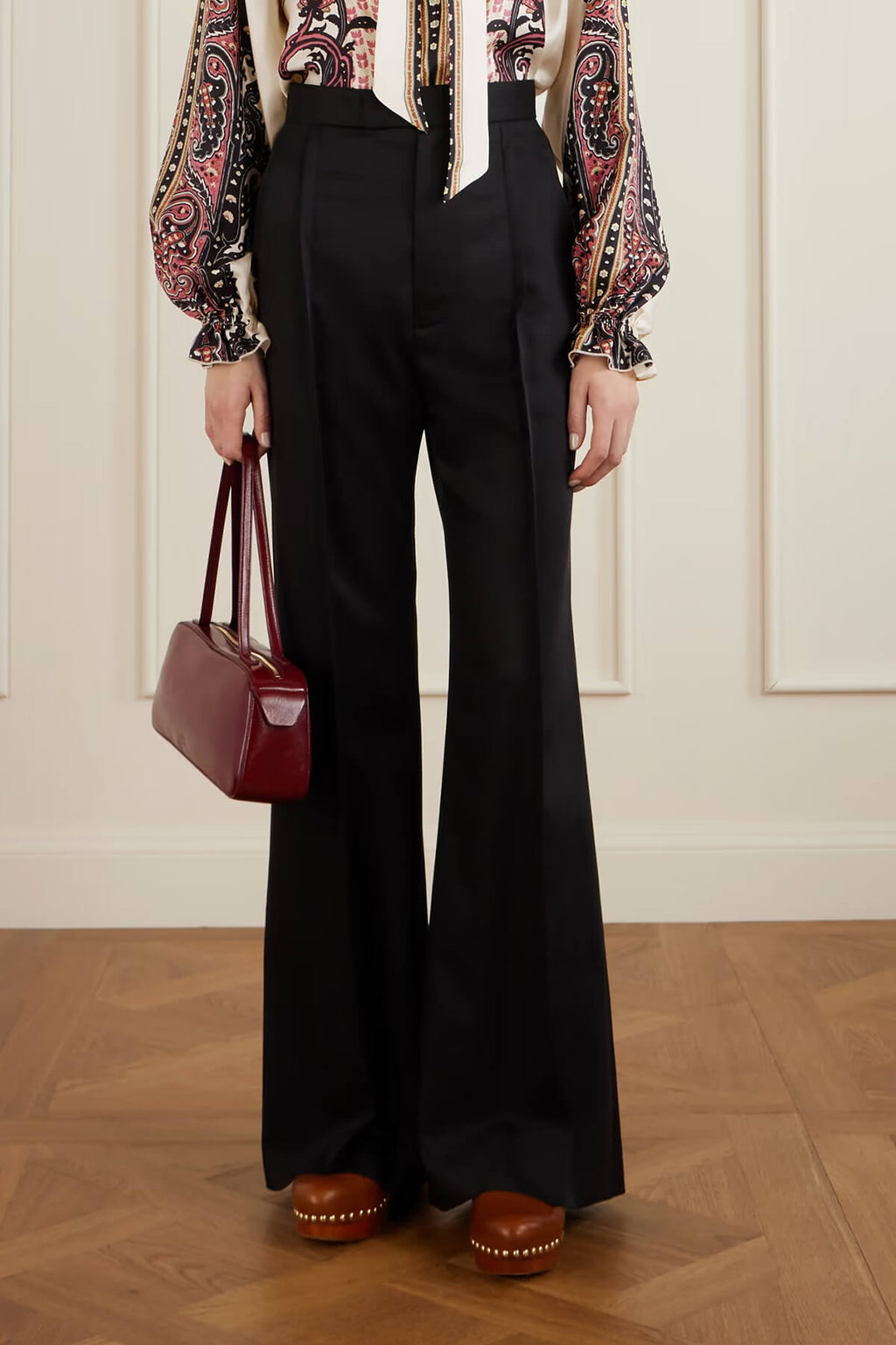 Exquisite Bow Ruffle Floral Printed Satin Twill Blouse