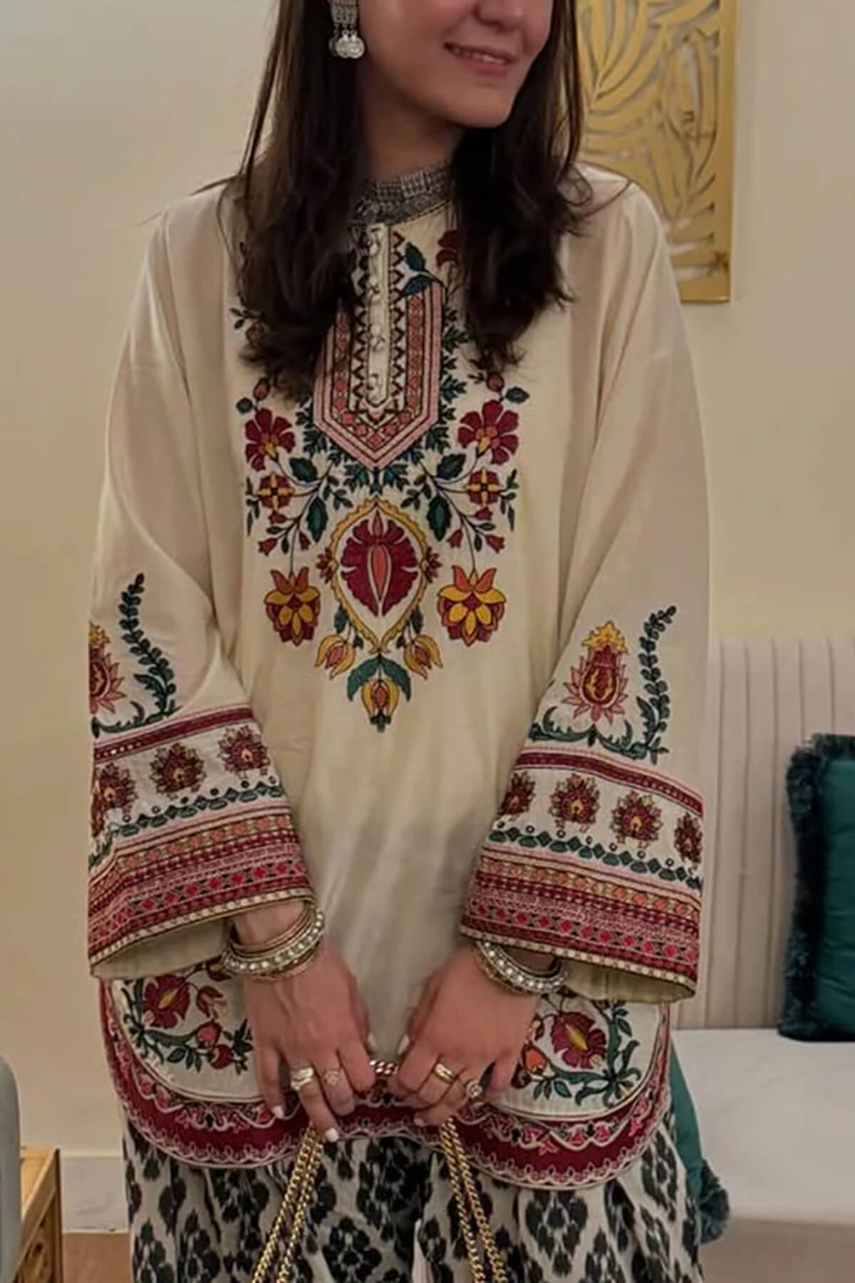 Retro Ethnic Print Elastic Waist Wide-Leg Pants