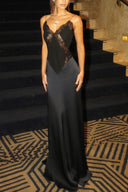 Elegant Satin Lace Patchwork Backless Maxi Dress