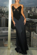 Elegant Satin Lace Patchwork Backless Maxi Dress