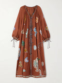 Retro Floral Print Linen-Cotton Blend Midi Dress