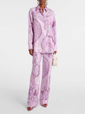 Exquisite Orchid Print Satin Twill Button Shirt & Straight-Leg Pants Set