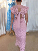 Retro Wave Dot Embroidery Lace Back Tie-up Top and Elastic Waist Maxi Skirt Set