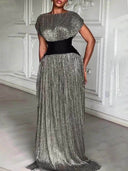 Elegant Shimmery Silver Contrast Waist Maxi Dress