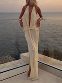 Deep V-neck Lace-up Side Slit Knitted Maxi Dress