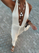Deep V-neck Lace-up Side Slit Knitted Maxi Dress