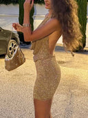 Deep V-neck Backless Sparkling Mini Dress