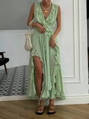 Elegant Ruffled V-Neck High-Slit Maxi Dress