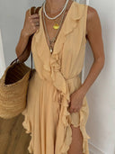 Elegant Ruffled V-Neck High-Slit Maxi Dress