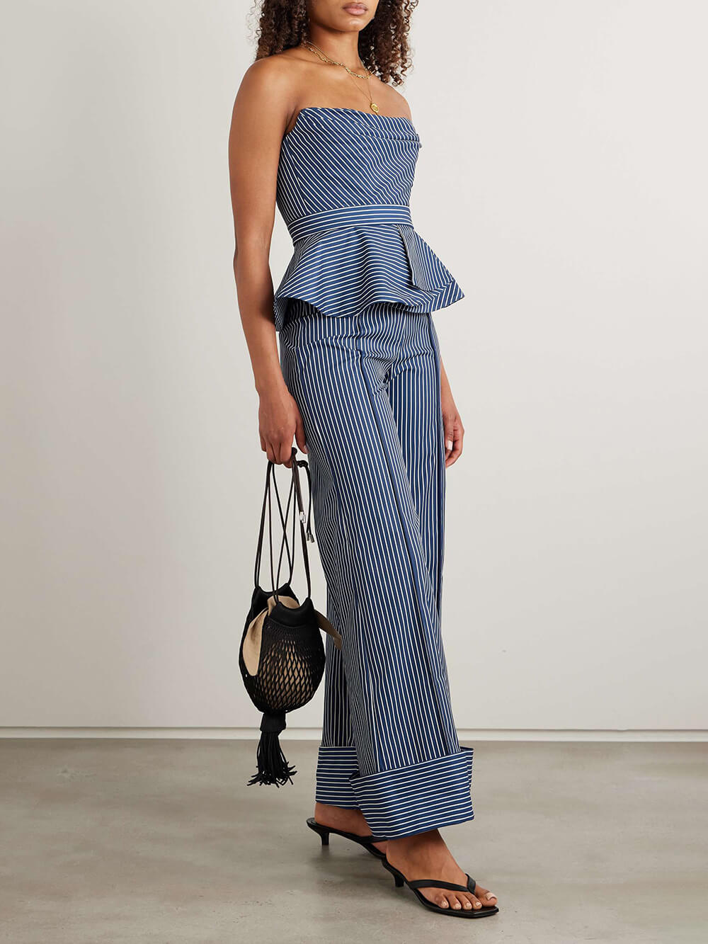 Retro Off-Shoulder Striped Print Stretch Twill Ruffle Tank Top