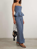 Retro Striped Print Stretch Twill Wide-Leg Pants