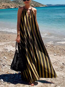 Summer Casual Contrast Stripe Print Lace-Up Holiday Maxi Dress