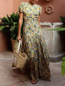 Delicate Satin Vintage Multicolor Print Maxi Dress