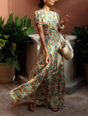 Delicate Satin Vintage Multicolor Print Maxi Dress