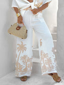 Unique Coconut Palm Print Linen Blend Elastic Waist Pocket Loose Pants