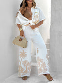 Unique Coconut Palm Print Linen Blend Elastic Waist Pocket Loose Pants