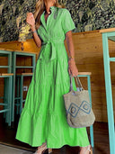 Fashionable Striped Print Short-Sleeved Loose Maxi Dress
