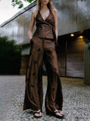 Elegant Satin Sequin Top & High-Waist Wide-Leg Pants Two-Piece Set