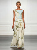 Fresh Sleeveless Boat Neck Printed Party Maxi Dress