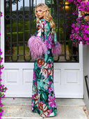 Elegant Floral Print Feather Cuff Satin Maxi Dress