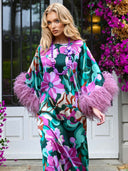Elegant Floral Print Feather Cuff Satin Maxi Dress