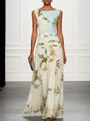 Fresh Sleeveless Boat Neck Printed Party Maxi Dress