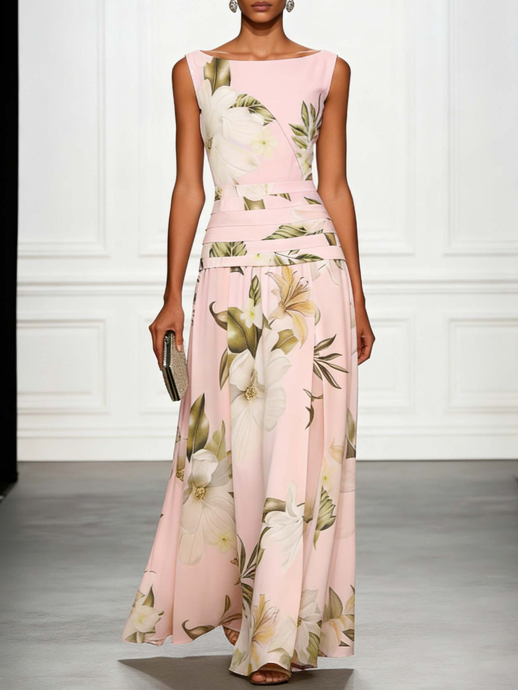 Fresh Sleeveless Boat Neck Printed Party Maxi Dress