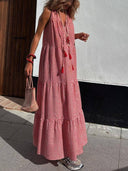 Modern Striped Print Basket Pleated Hem Maxi Dress