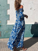 Vacation Ethnic Print Smocked Off Shoulder Pocketed Maxi Dress