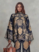 Retro Baroque Print High Neck Batwing Sleeve Two-Piece Set