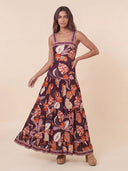 Square Neck Tropical Leaf Print Tiered Maxi Dress