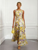 Elegant Sleeveless Twist Waist Floral Print Chiffon Maxi Dress