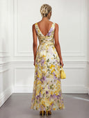 Elegant Sleeveless Twist Waist Floral Print Chiffon Maxi Dress