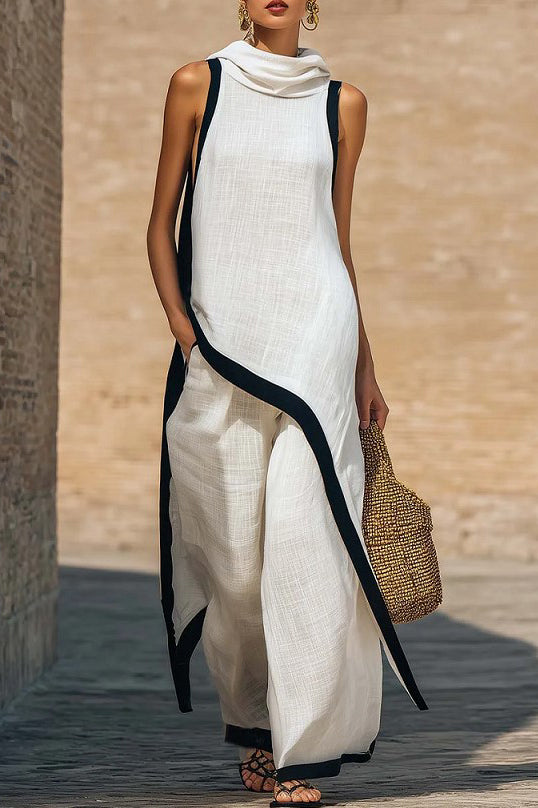 Color Contrast Design Irregular Hem Top And Wide Leg Pants Set