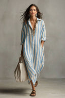 Deep V-Neck Stripe Printed Shirt Dress