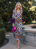 Elegant Geometric Print Feather Cuff Satin Maxi Dress