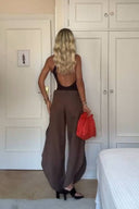 Oblique Collar Off-shoulder Bodysuits And Side Slits Wide Leg Pants Suit- Bodysuits