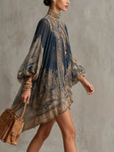 Elegant Vintage Print High Neck Flowy Mini Dress