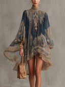 Elegant Vintage Print High Neck Flowy Mini Dress