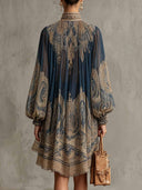 Elegant Vintage Print High Neck Flowy Mini Dress