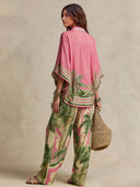 Bohemian Tropical Print Flowy Top & Wide-Leg Pants Two-Piece Set