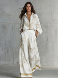 Elegant Butterfly Print Zip-Up Top & Wide Leg Pants Set