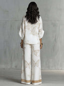 Elegant Butterfly Print Zip-Up Top & Wide Leg Pants Set