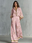 Elegant Butterfly Print Zip-Up Top & Wide Leg Pants Set