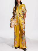 Sophisticated Satin Unique Cashew Flower Print Button Oversized Shirt Two-Piece Set