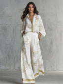 Elegant Butterfly Print Zip-Up Top & Wide Leg Pants Set