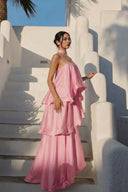 Elegant Three-layer Ruffle Sling Maxi Dress