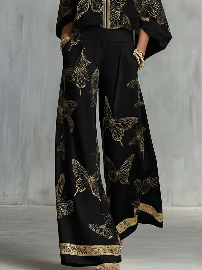Elegant Butterfly Print Zip Shirt