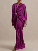 Elegant Satin Batwing Sleeve  Draped Maxi Dress
